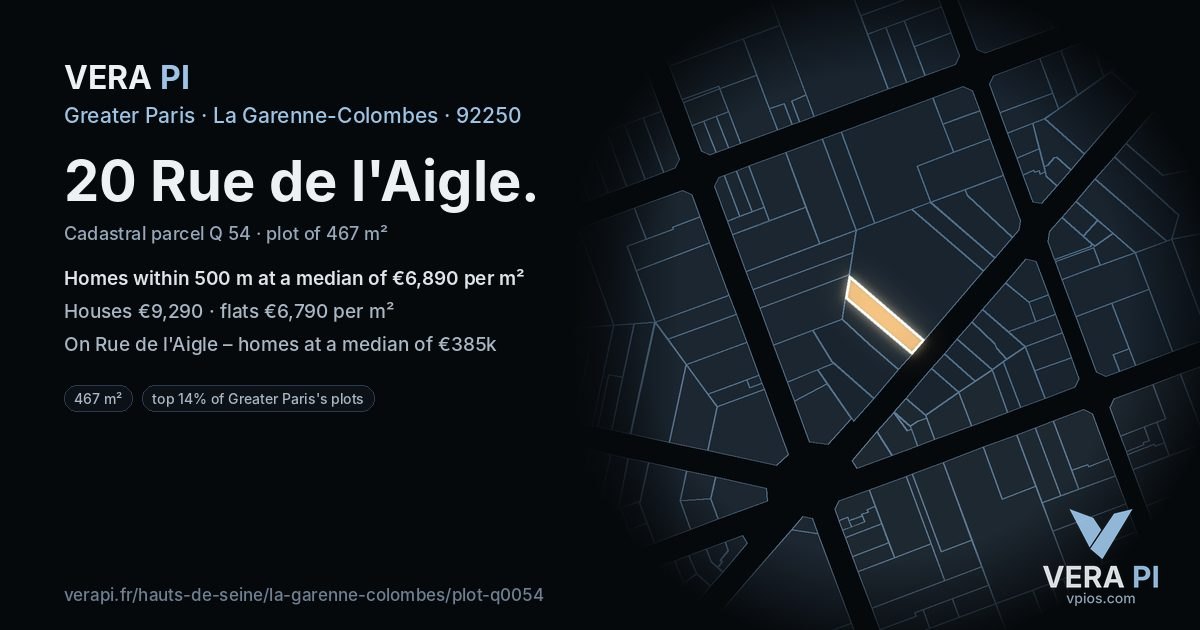 20 Rue de l'Aigle, La Garenne-Colombes at night – the plot lit, the parcels around coloured by the prices near them