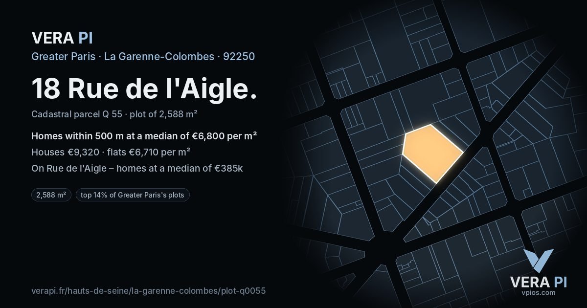 18 Rue de l'Aigle, La Garenne-Colombes at night – the plot lit, the parcels around coloured by the prices near them