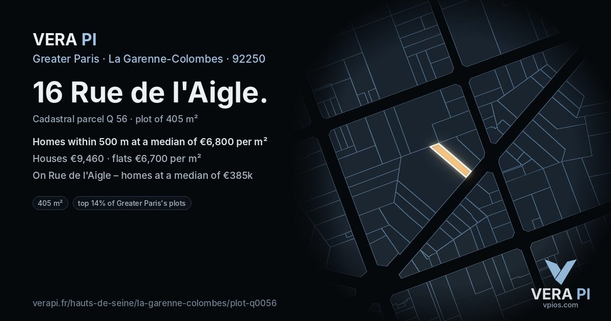 16 Rue de l'Aigle, La Garenne-Colombes at night – the plot lit, the parcels around coloured by the prices near them