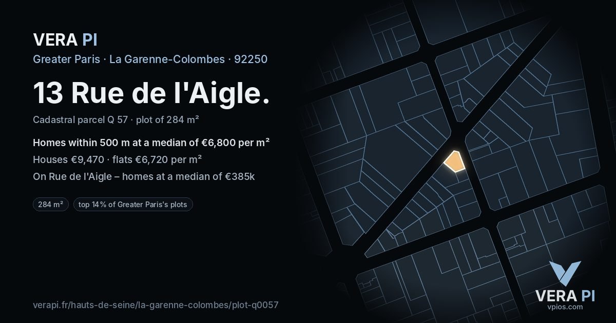 13 Rue de l'Aigle, La Garenne-Colombes at night – the plot lit, the parcels around coloured by the prices near them
