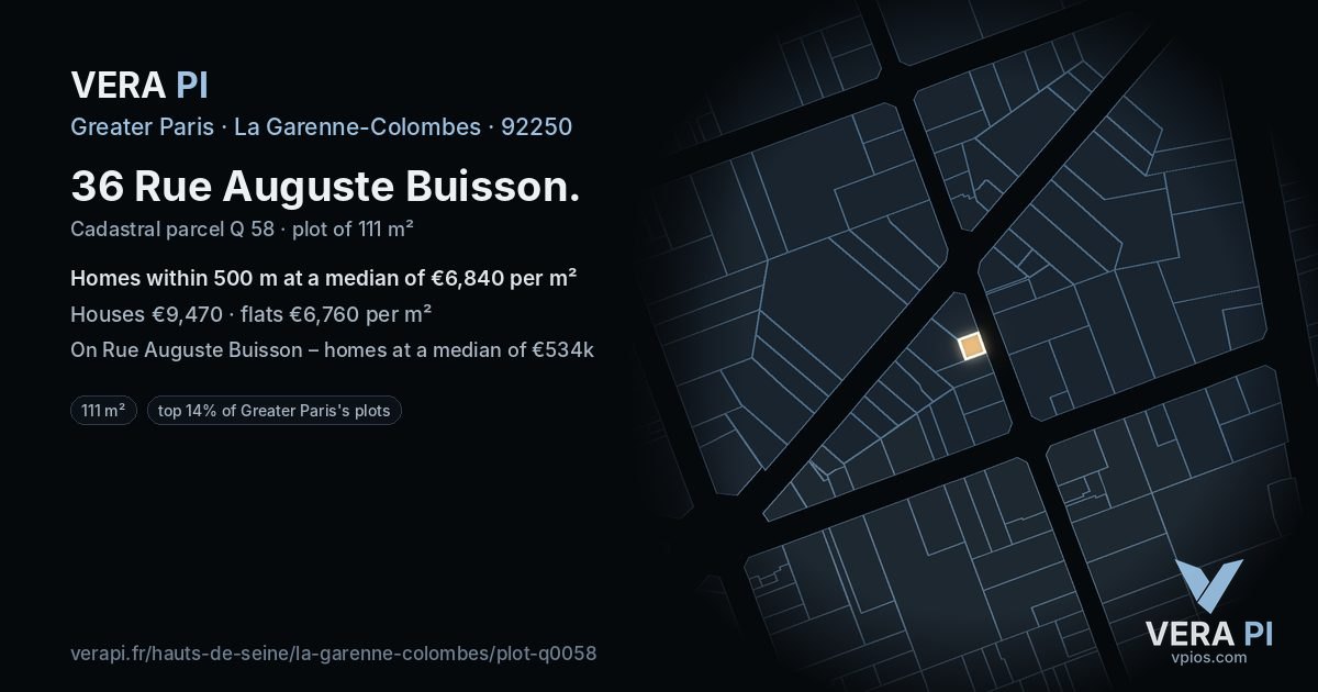36 Rue Auguste Buisson, La Garenne-Colombes at night – the plot lit, the parcels around coloured by the prices near them