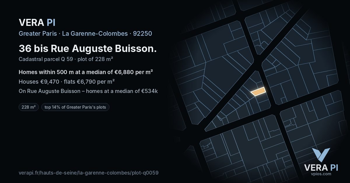 36 bis Rue Auguste Buisson, La Garenne-Colombes at night – the plot lit, the parcels around coloured by the prices near them