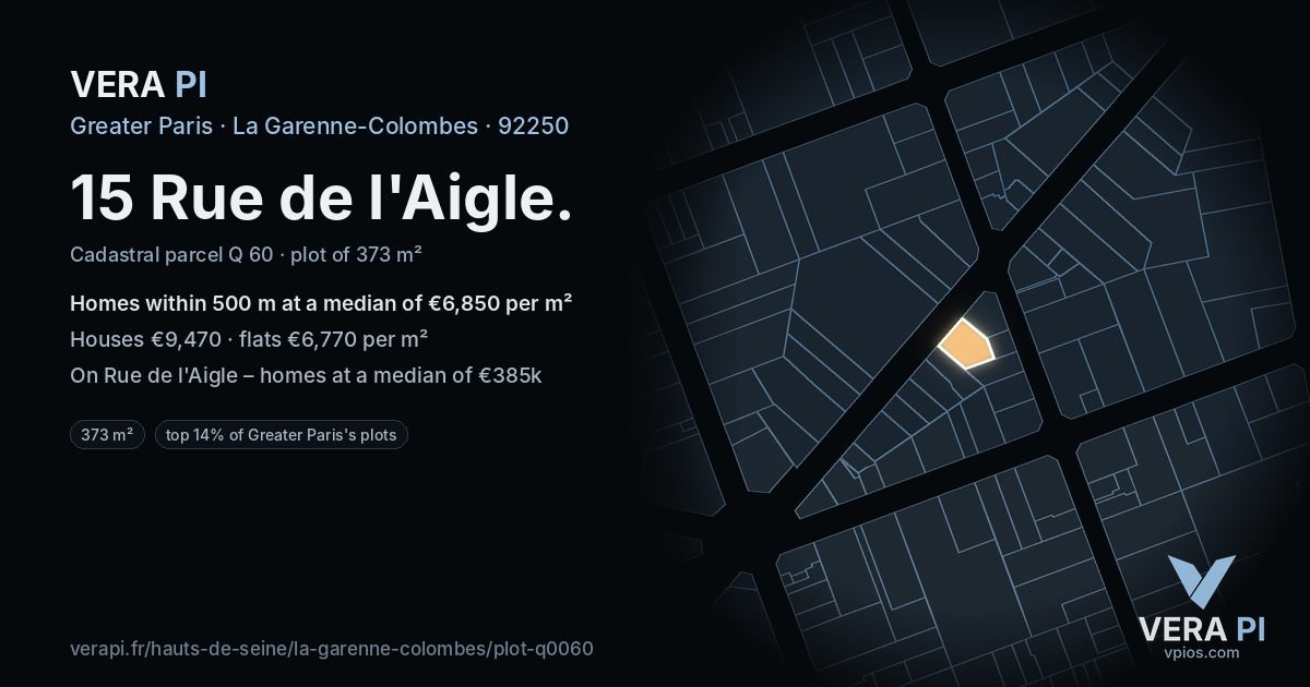 15 Rue de l'Aigle, La Garenne-Colombes at night – the plot lit, the parcels around coloured by the prices near them