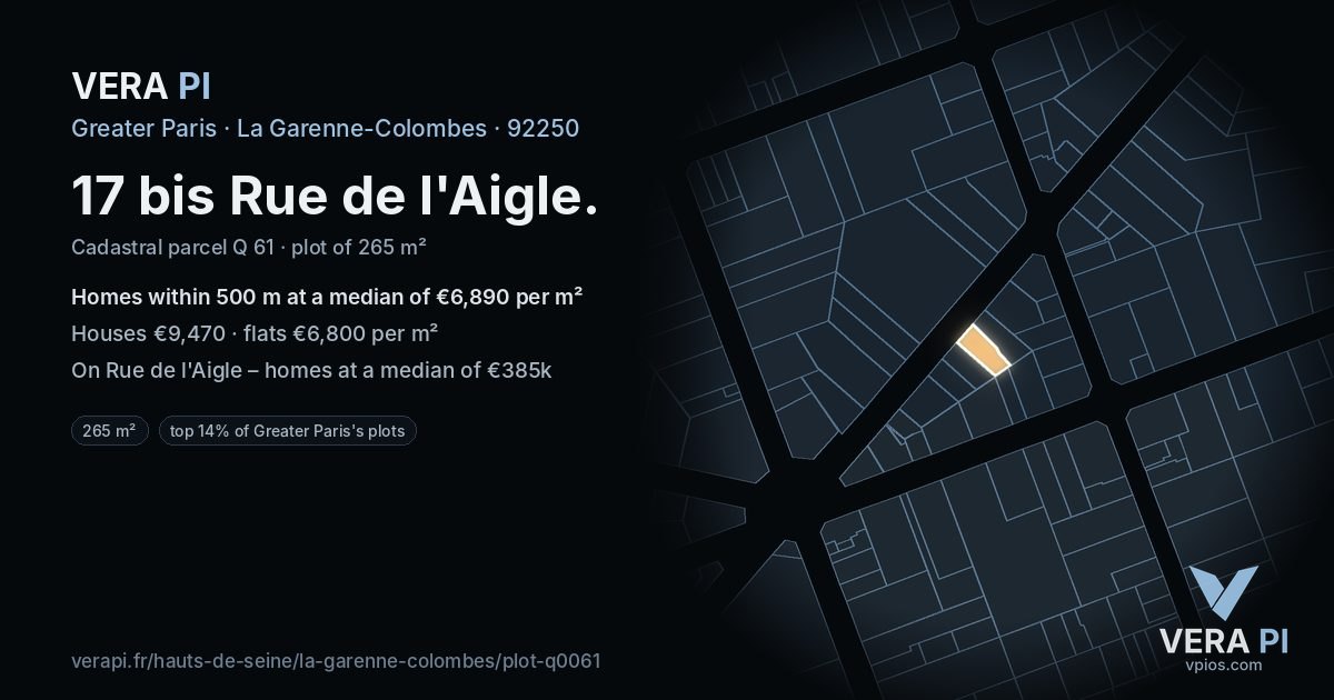 17 bis Rue de l'Aigle, La Garenne-Colombes at night – the plot lit, the parcels around coloured by the prices near them