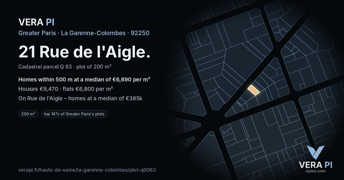 21 Rue de l'Aigle, La Garenne-Colombes at night – the plot lit, the parcels around coloured by the prices near them