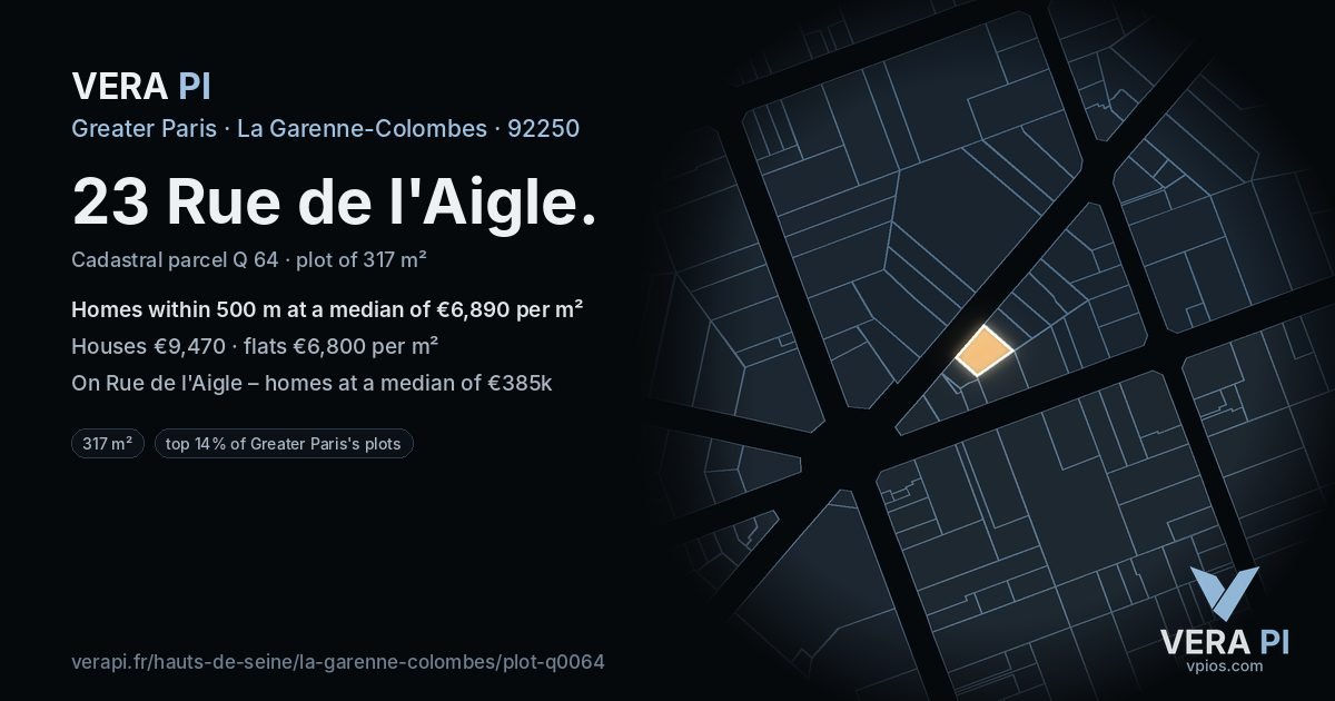23 Rue de l'Aigle, La Garenne-Colombes at night – the plot lit, the parcels around coloured by the prices near them