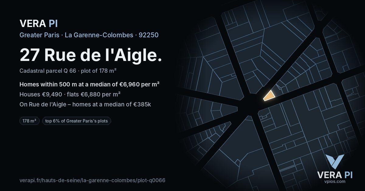 27 Rue de l'Aigle, La Garenne-Colombes at night – the plot lit, the parcels around coloured by the prices near them