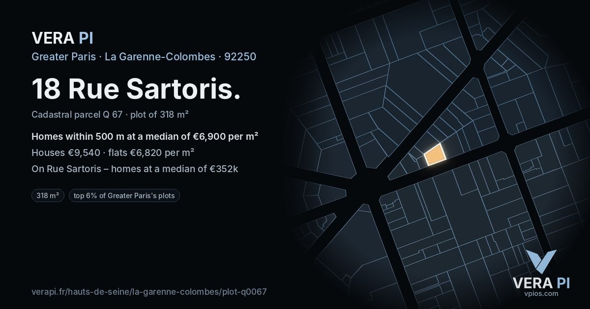 18 Rue Sartoris, La Garenne-Colombes at night – the plot lit, the parcels around coloured by the prices near them