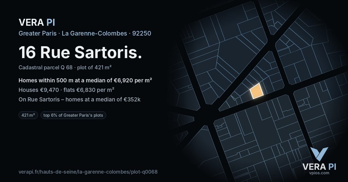 16 Rue Sartoris, La Garenne-Colombes at night – the plot lit, the parcels around coloured by the prices near them