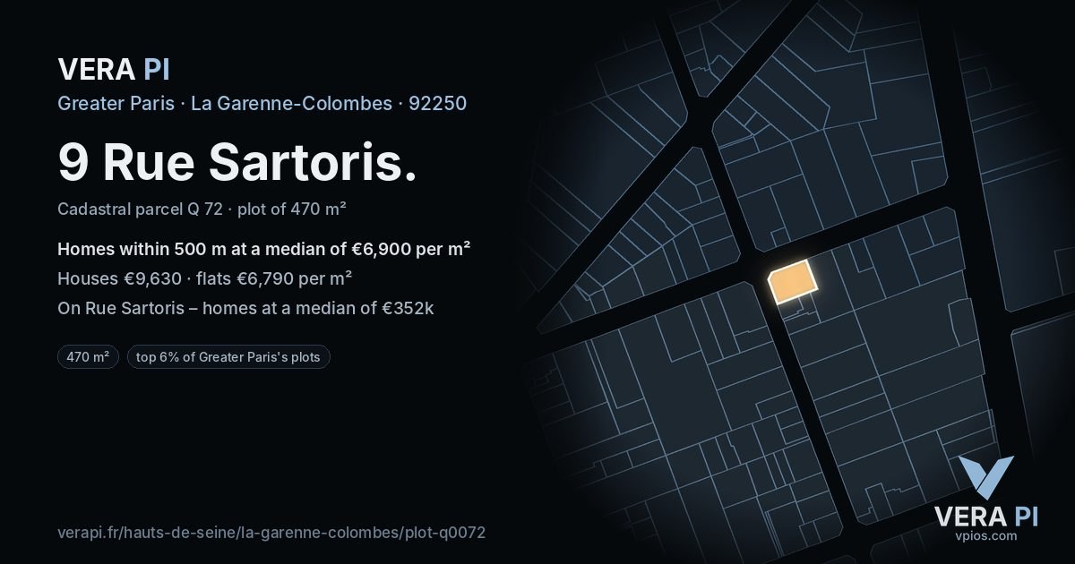 9 Rue Sartoris, La Garenne-Colombes at night – the plot lit, the parcels around coloured by the prices near them