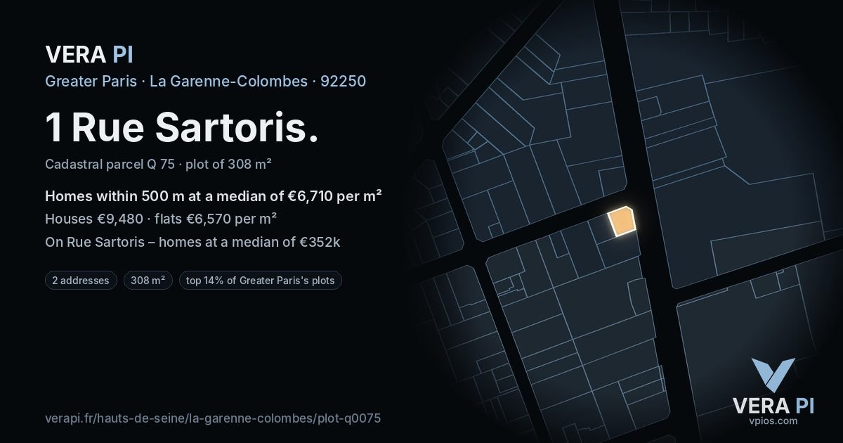 1 Rue Sartoris, La Garenne-Colombes at night – the plot lit, the parcels around coloured by the prices near them