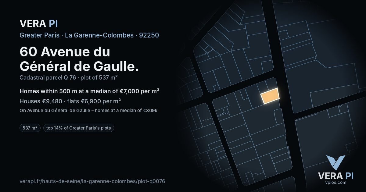 60 Avenue du Général de Gaulle, La Garenne-Colombes at night – the plot lit, the parcels around coloured by the prices near them