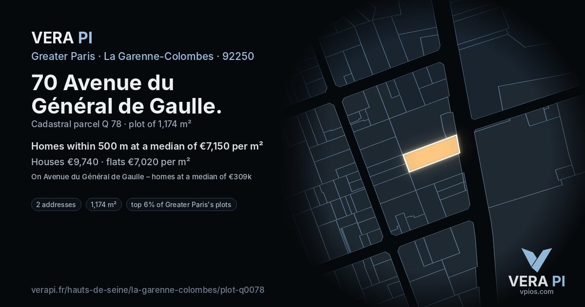 70 Avenue du Général de Gaulle, La Garenne-Colombes at night – the plot lit, the parcels around coloured by the prices near them
