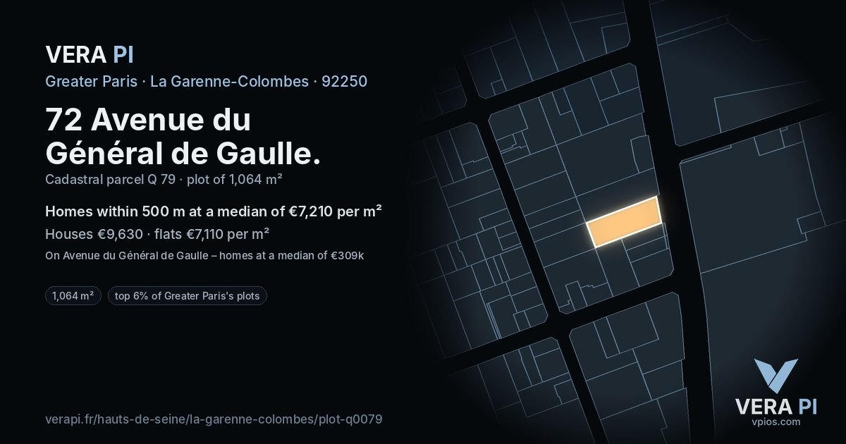 72 Avenue du Général de Gaulle, La Garenne-Colombes at night – the plot lit, the parcels around coloured by the prices near them