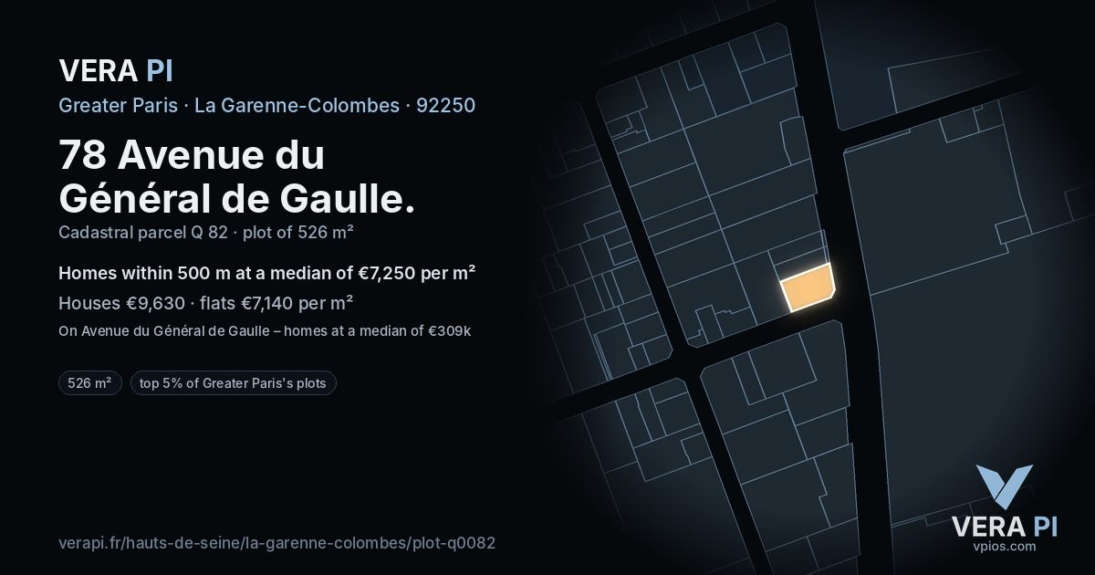 78 Avenue du Général de Gaulle, La Garenne-Colombes at night – the plot lit, the parcels around coloured by the prices near them