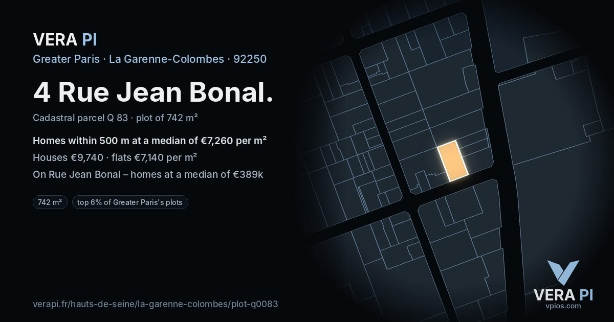4 Rue Jean Bonal, La Garenne-Colombes at night – the plot lit, the parcels around coloured by the prices near them