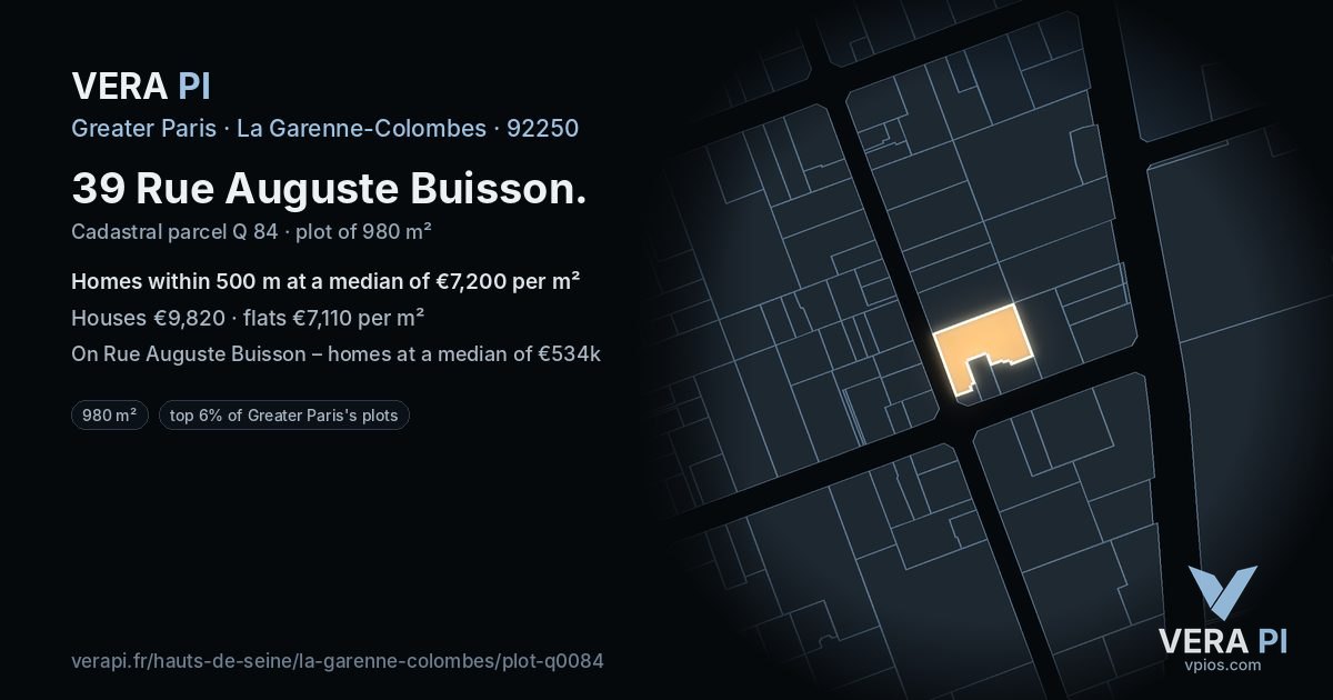 39 Rue Auguste Buisson, La Garenne-Colombes at night – the plot lit, the parcels around coloured by the prices near them
