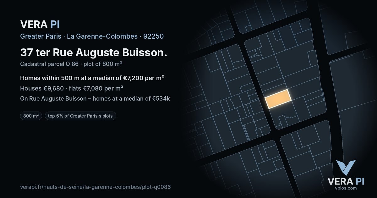 37 ter Rue Auguste Buisson, La Garenne-Colombes at night – the plot lit, the parcels around coloured by the prices near them
