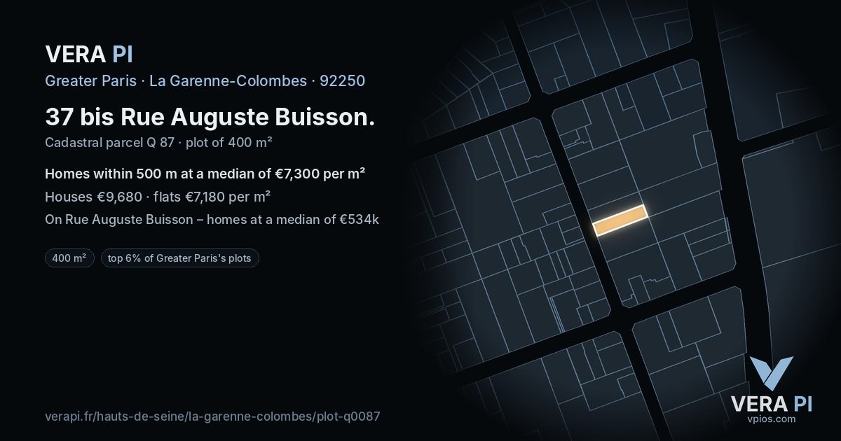 37 bis Rue Auguste Buisson, La Garenne-Colombes at night – the plot lit, the parcels around coloured by the prices near them