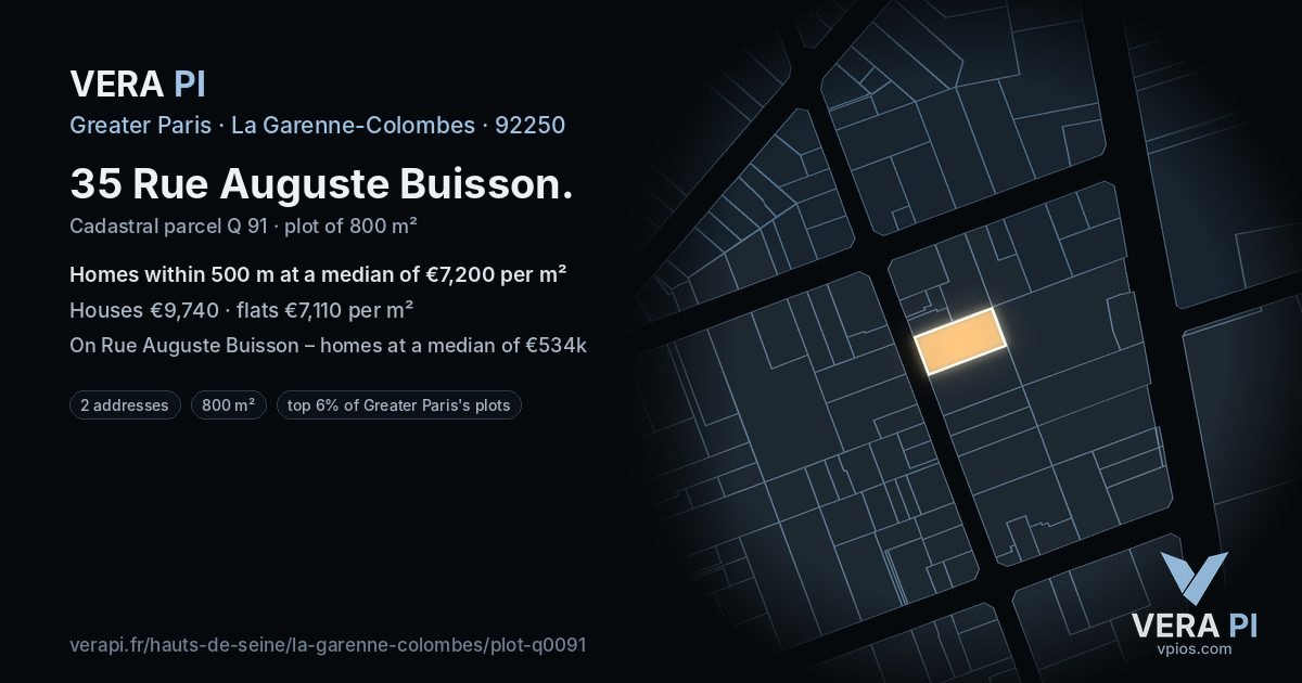 35 Rue Auguste Buisson, La Garenne-Colombes at night – the plot lit, the parcels around coloured by the prices near them
