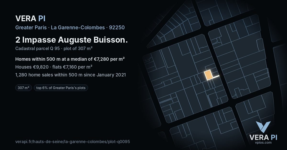 2 Impasse Auguste Buisson, La Garenne-Colombes at night – the plot lit, the parcels around coloured by the prices near them