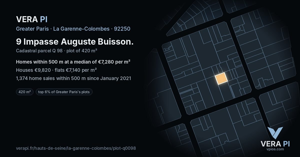 9 Impasse Auguste Buisson, La Garenne-Colombes at night – the plot lit, the parcels around coloured by the prices near them