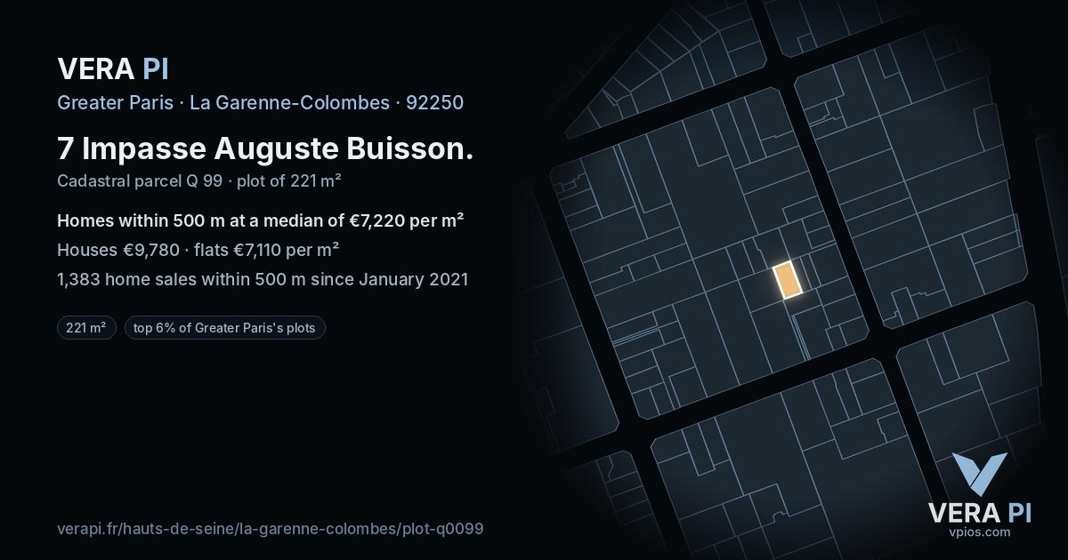 7 Impasse Auguste Buisson, La Garenne-Colombes at night – the plot lit, the parcels around coloured by the prices near them