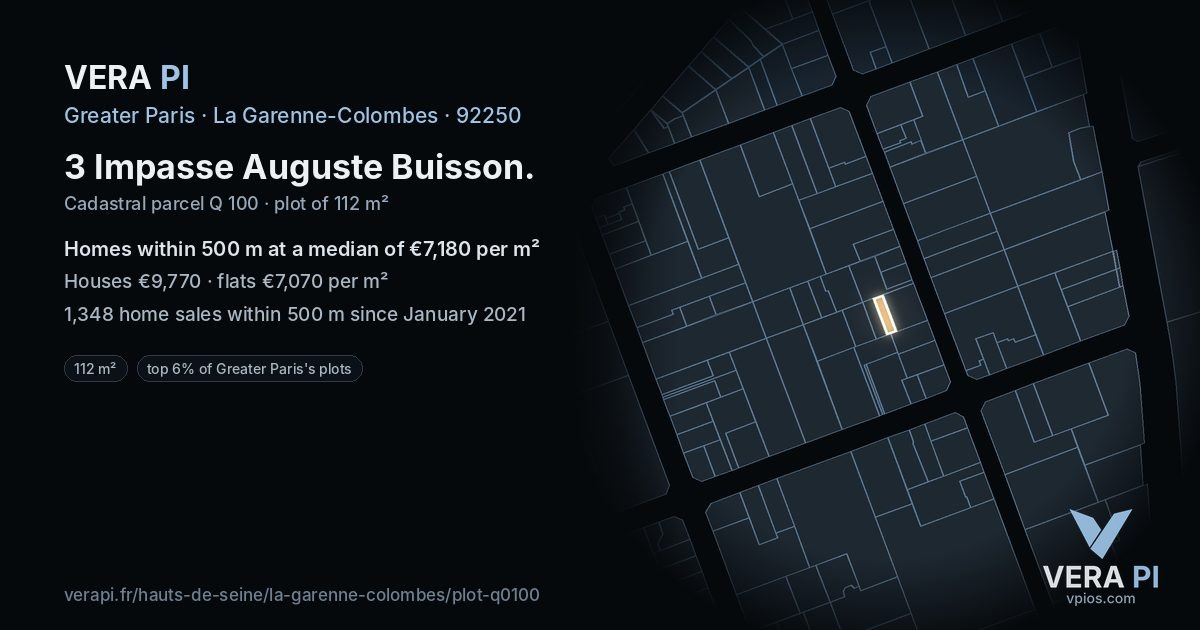 3 Impasse Auguste Buisson, La Garenne-Colombes at night – the plot lit, the parcels around coloured by the prices near them