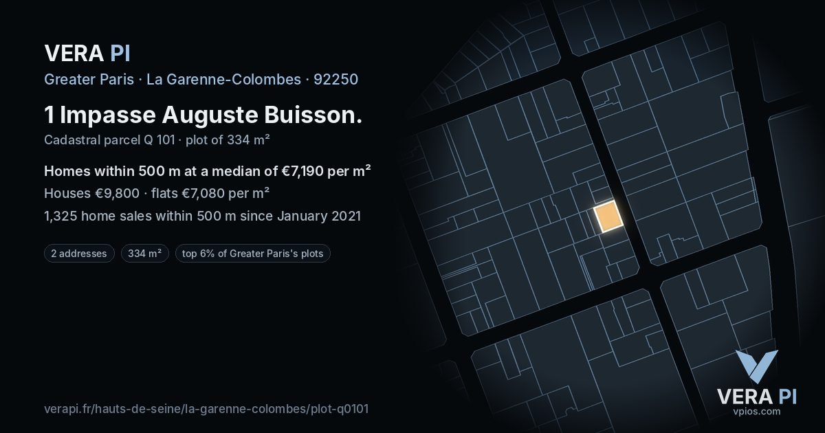 1 Impasse Auguste Buisson, La Garenne-Colombes at night – the plot lit, the parcels around coloured by the prices near them