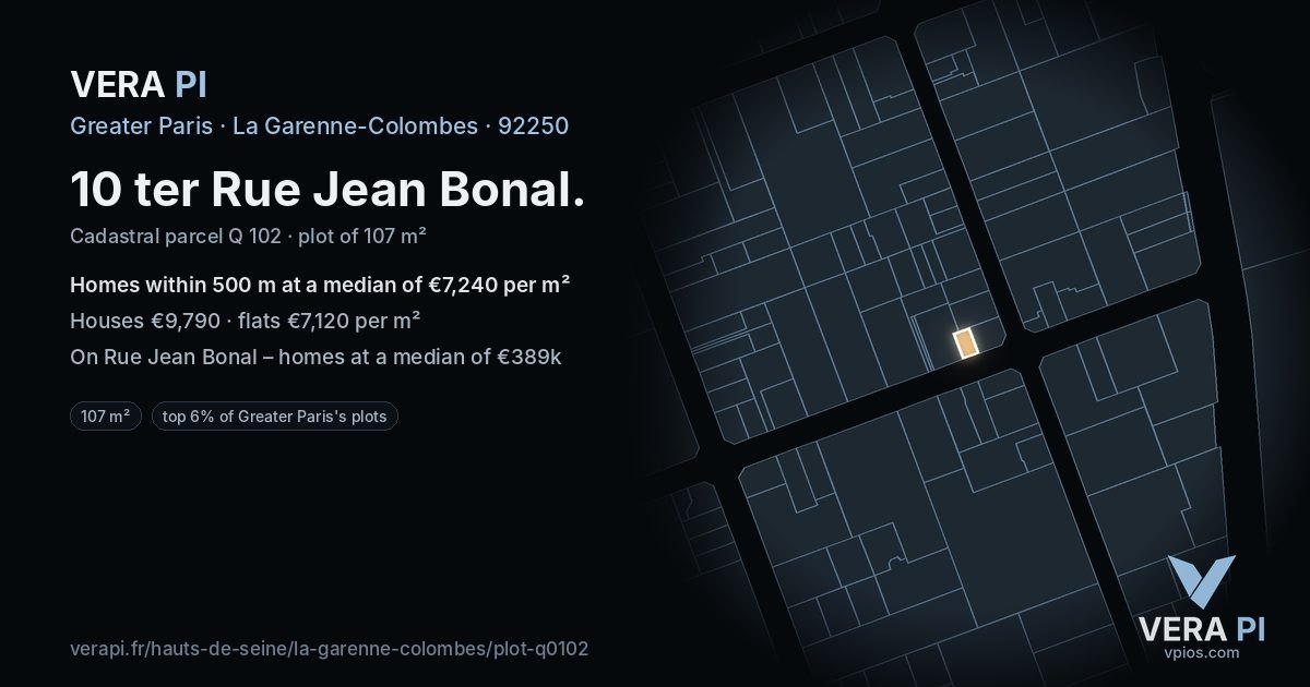 10 ter Rue Jean Bonal, La Garenne-Colombes at night – the plot lit, the parcels around coloured by the prices near them