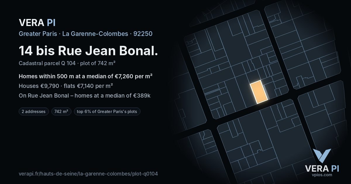 14 bis Rue Jean Bonal, La Garenne-Colombes at night – the plot lit, the parcels around coloured by the prices near them