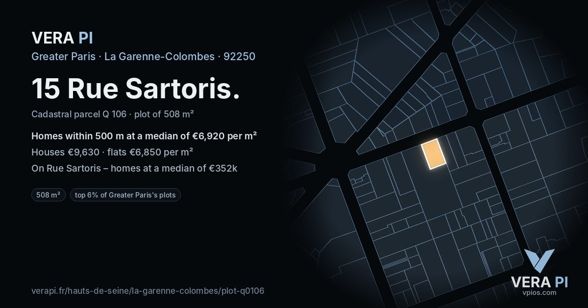 15 Rue Sartoris, La Garenne-Colombes at night – the plot lit, the parcels around coloured by the prices near them