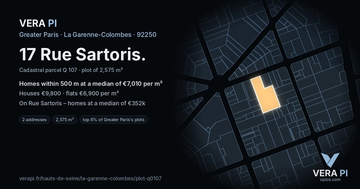 17 Rue Sartoris, La Garenne-Colombes at night – the plot lit, the parcels around coloured by the prices near them