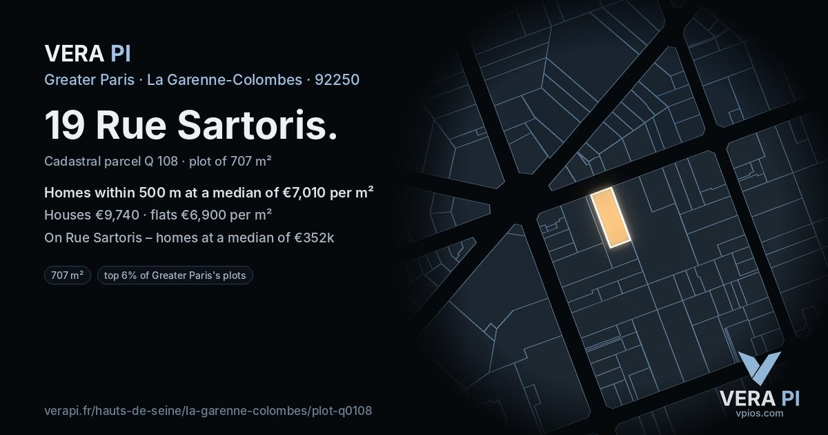 19 Rue Sartoris, La Garenne-Colombes at night – the plot lit, the parcels around coloured by the prices near them