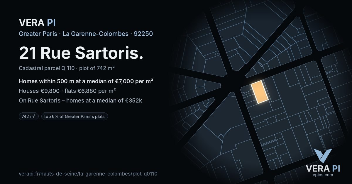 21 Rue Sartoris, La Garenne-Colombes at night – the plot lit, the parcels around coloured by the prices near them