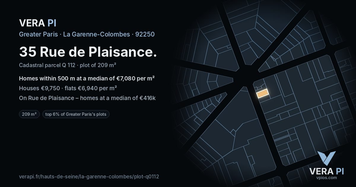 35 Rue de Plaisance, La Garenne-Colombes at night – the plot lit, the parcels around coloured by the prices near them