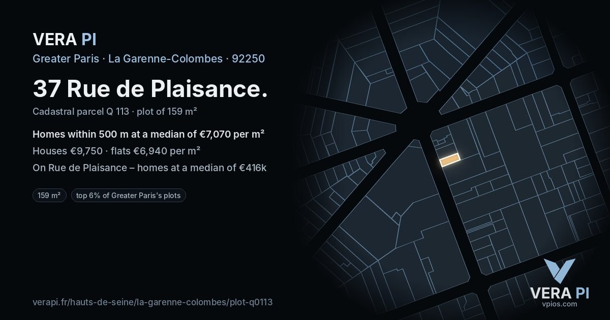 37 Rue de Plaisance, La Garenne-Colombes at night – the plot lit, the parcels around coloured by the prices near them