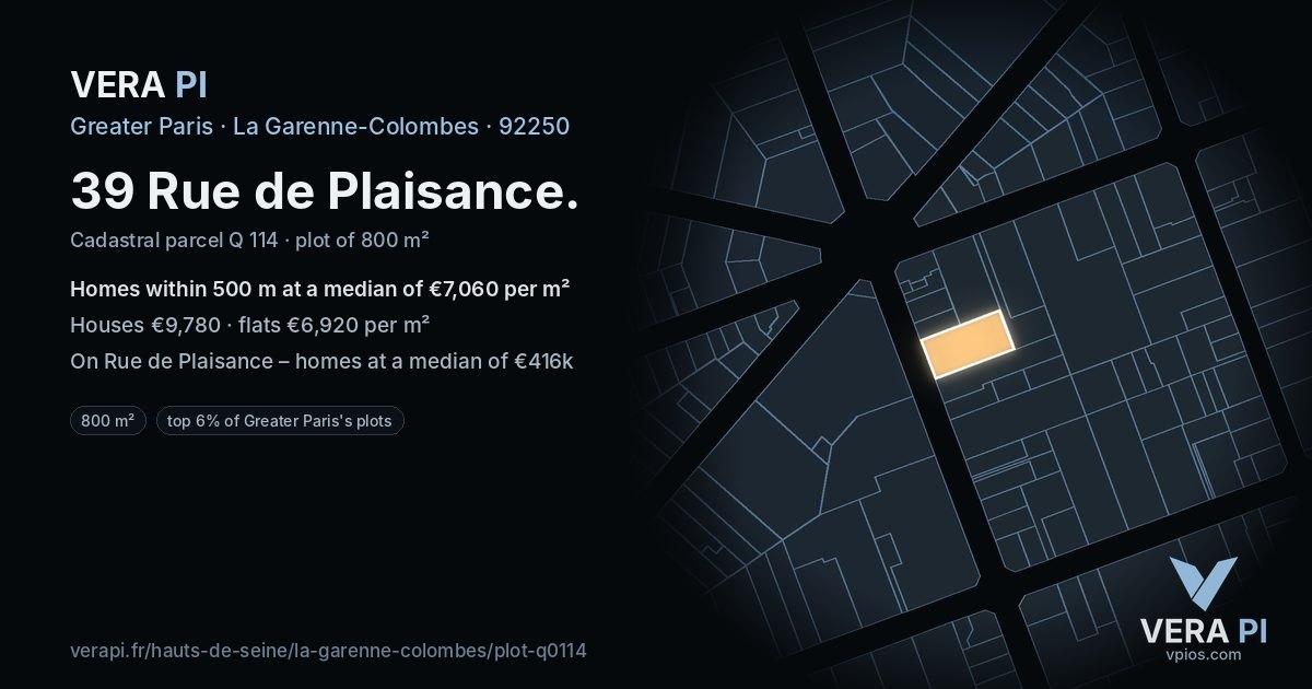 39 Rue de Plaisance, La Garenne-Colombes at night – the plot lit, the parcels around coloured by the prices near them