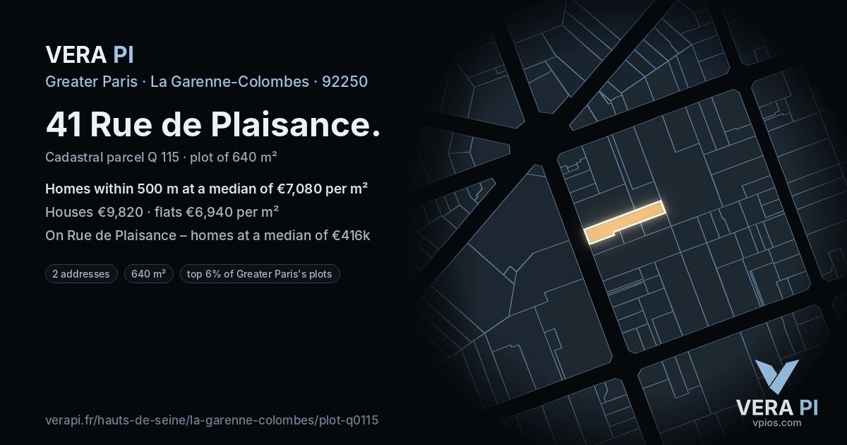 41 Rue de Plaisance, La Garenne-Colombes at night – the plot lit, the parcels around coloured by the prices near them