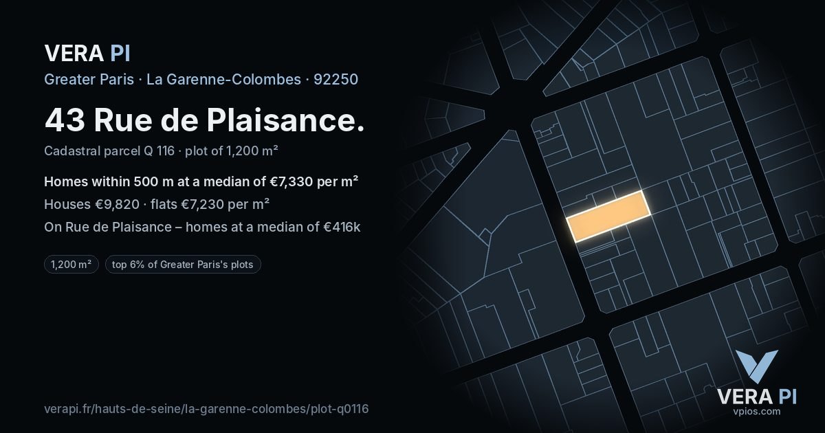 43 Rue de Plaisance, La Garenne-Colombes at night – the plot lit, the parcels around coloured by the prices near them