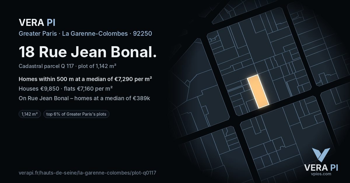 18 Rue Jean Bonal, La Garenne-Colombes at night – the plot lit, the parcels around coloured by the prices near them