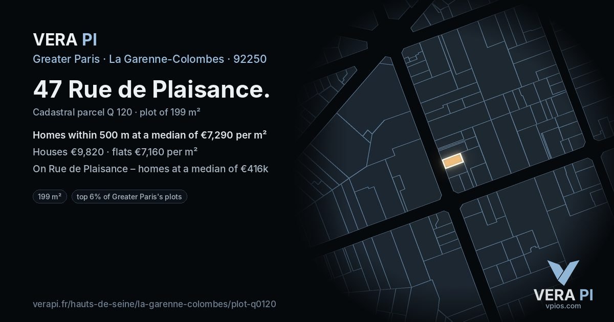47 Rue de Plaisance, La Garenne-Colombes at night – the plot lit, the parcels around coloured by the prices near them