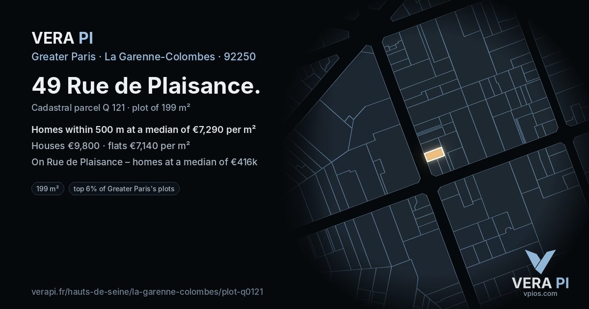 49 Rue de Plaisance, La Garenne-Colombes at night – the plot lit, the parcels around coloured by the prices near them