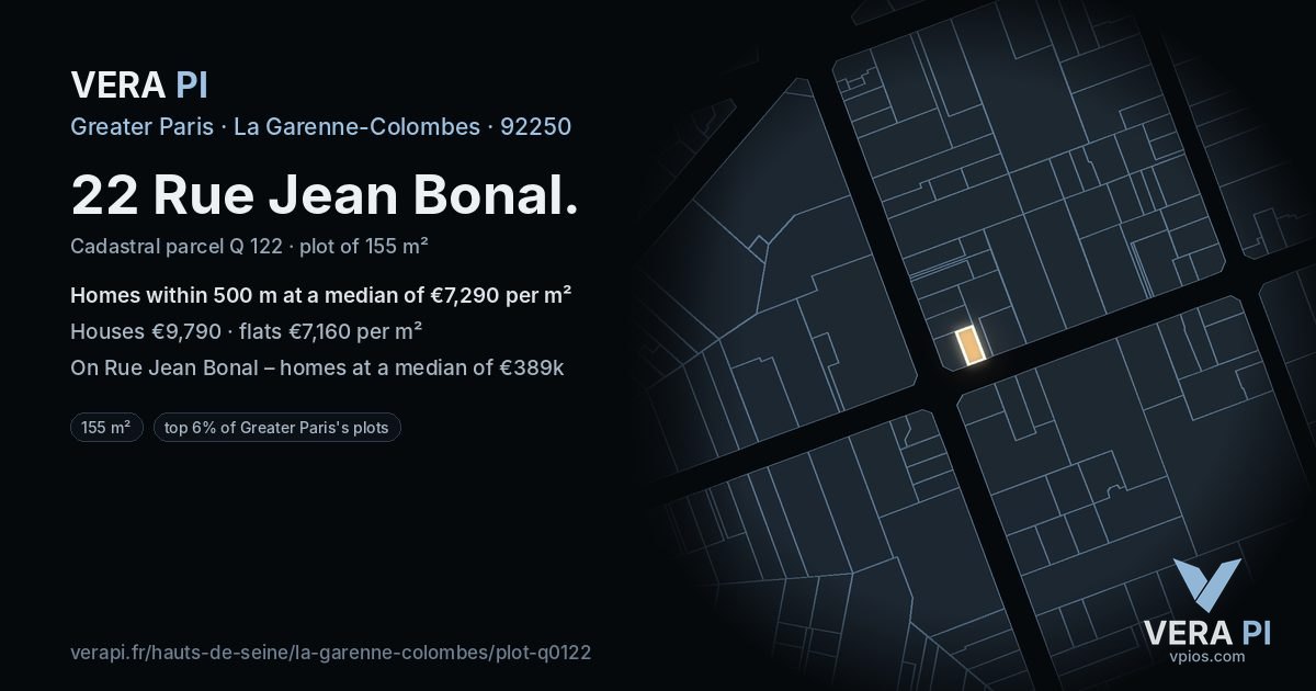 22 Rue Jean Bonal, La Garenne-Colombes at night – the plot lit, the parcels around coloured by the prices near them