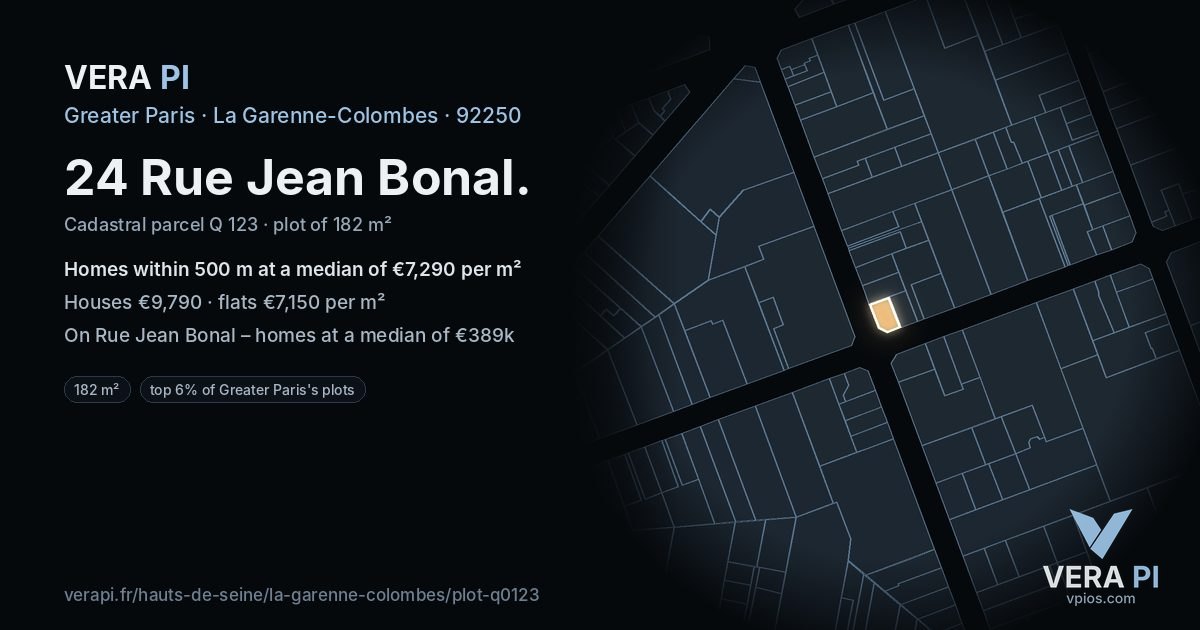 24 Rue Jean Bonal, La Garenne-Colombes at night – the plot lit, the parcels around coloured by the prices near them