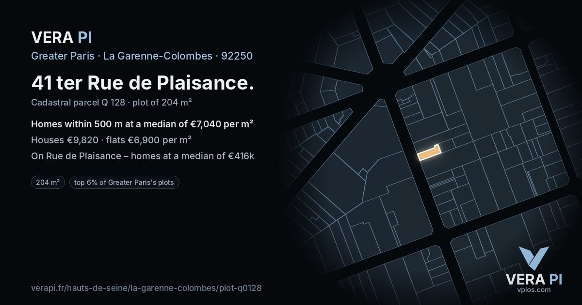 41 ter Rue de Plaisance, La Garenne-Colombes at night – the plot lit, the parcels around coloured by the prices near them