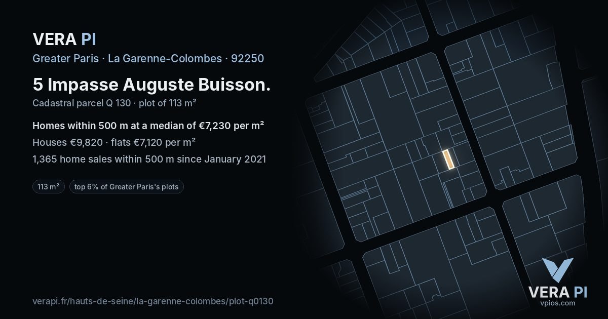 5 Impasse Auguste Buisson, La Garenne-Colombes at night – the plot lit, the parcels around coloured by the prices near them