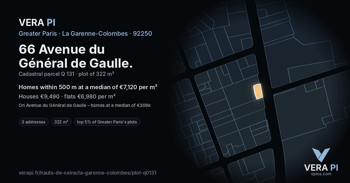 66 Avenue du Général de Gaulle, La Garenne-Colombes at night – the plot lit, the parcels around coloured by the prices near them