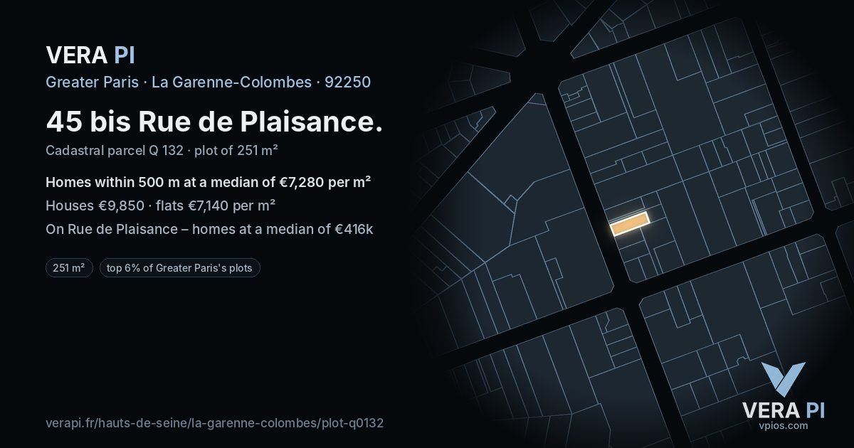 45 bis Rue de Plaisance, La Garenne-Colombes at night – the plot lit, the parcels around coloured by the prices near them
