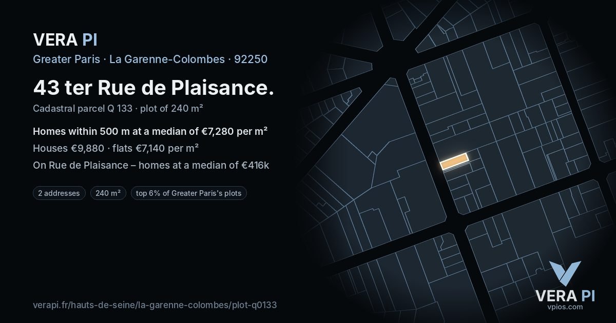 43 ter Rue de Plaisance, La Garenne-Colombes at night – the plot lit, the parcels around coloured by the prices near them